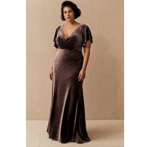 NWT BHLDN Anthropologie Jenny Yoo Ellis Blue Velvet Flutter Sleeve Gown 14